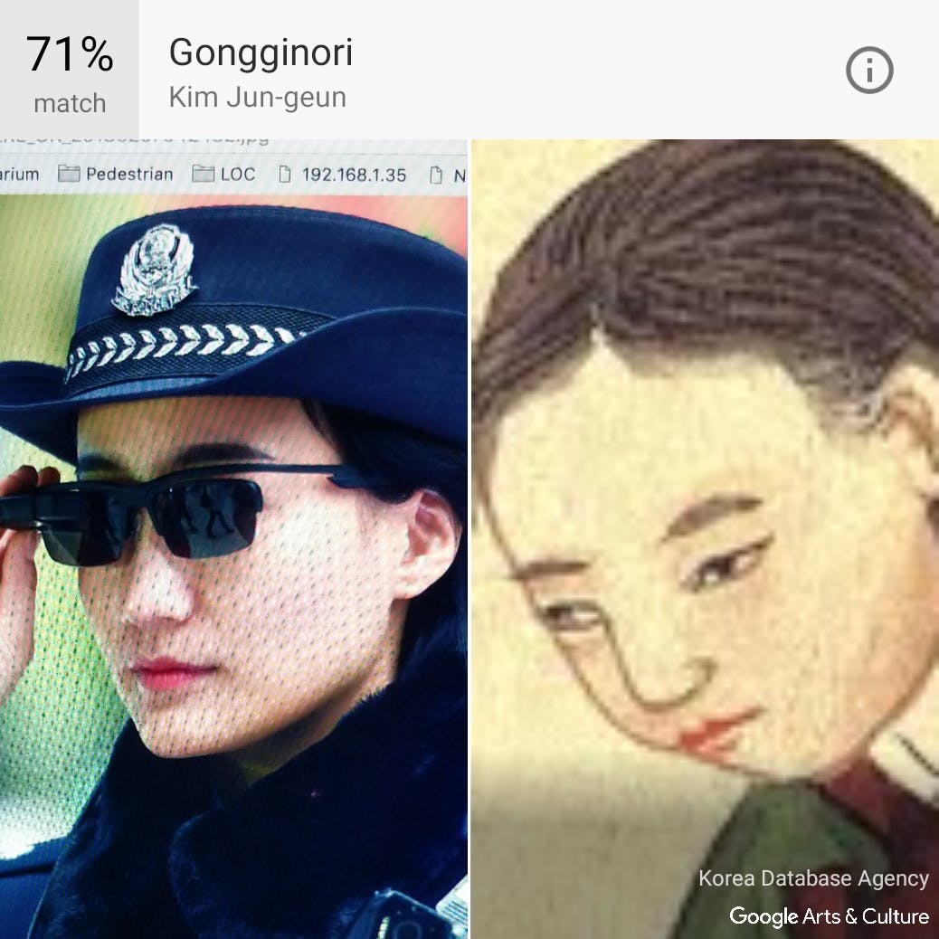 <p>Google’s Art and Culture app uses face recognition to match images to artworks. Left: A police officer uses glasses enabled with facial recognition at Zhengzhou East Railway Station. Right: A matched face extracted from "Gongginori" by Kim Jun-geun. Screen shot by Jer Thorp.</p>